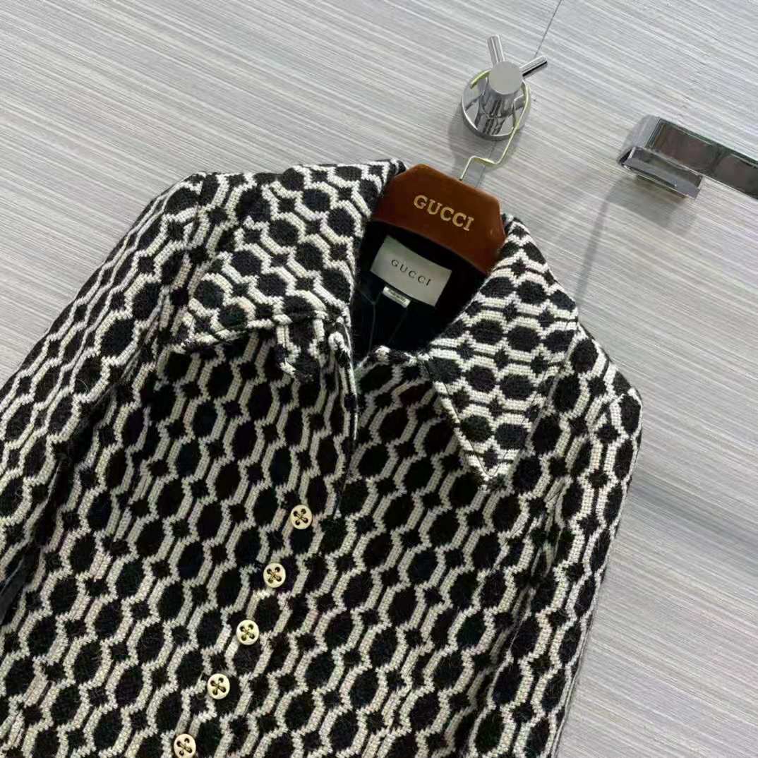 G*u*i women optical tweed jacket wool black and ivory optical tweed point collar