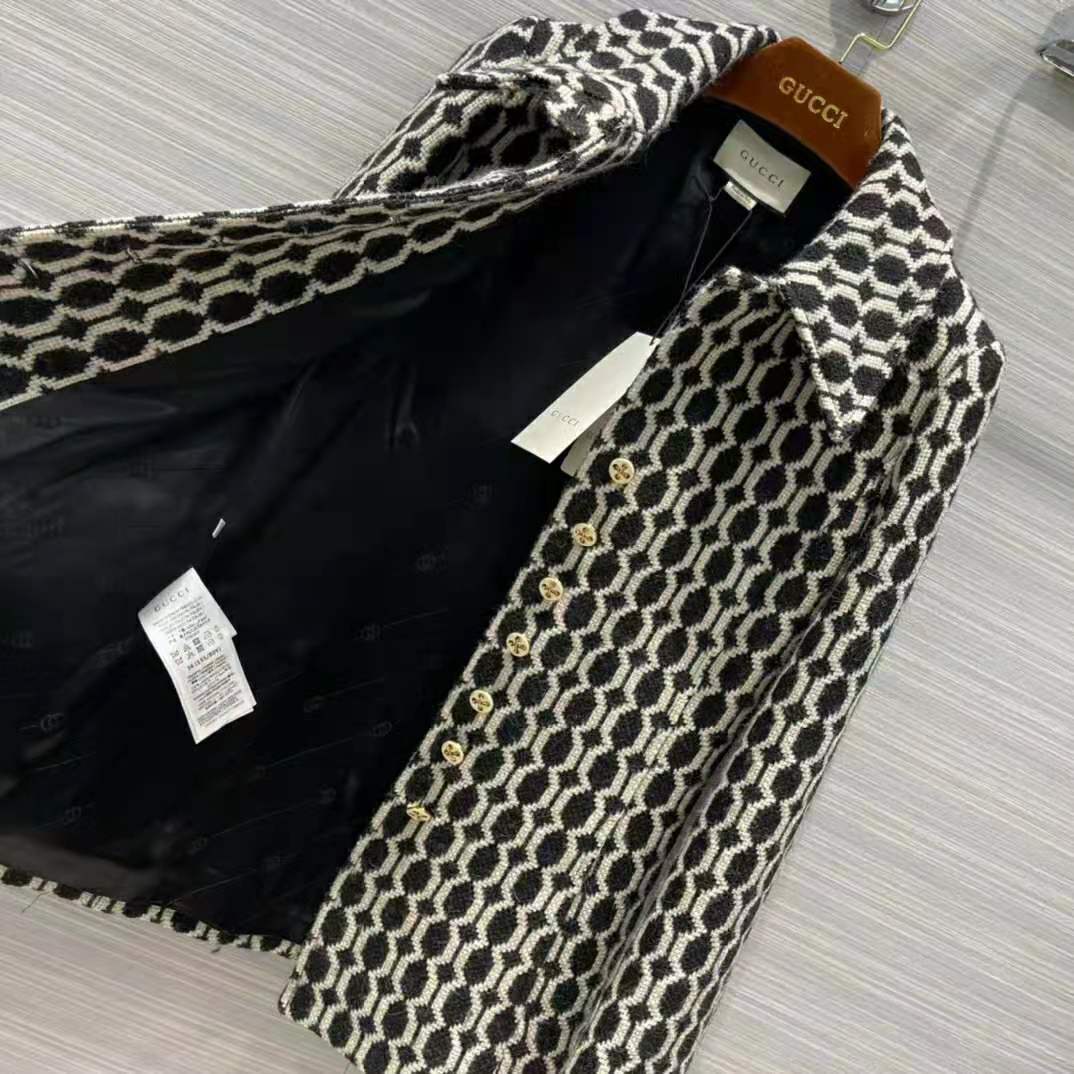 G*u*i women optical tweed jacket wool black and ivory optical tweed point collar