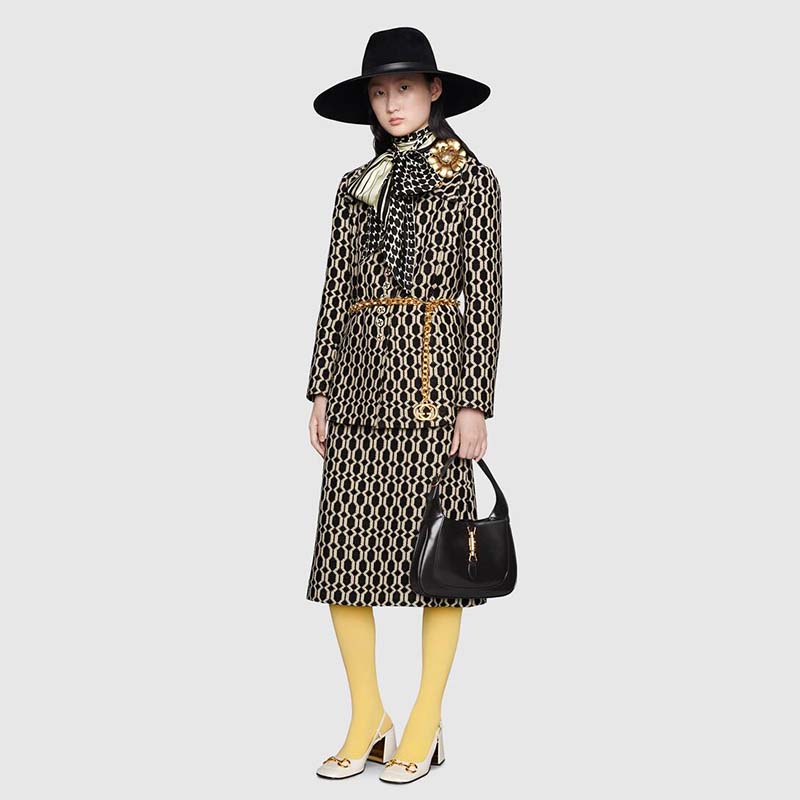G*u*i women optical tweed jacket wool black and ivory optical tweed point collar