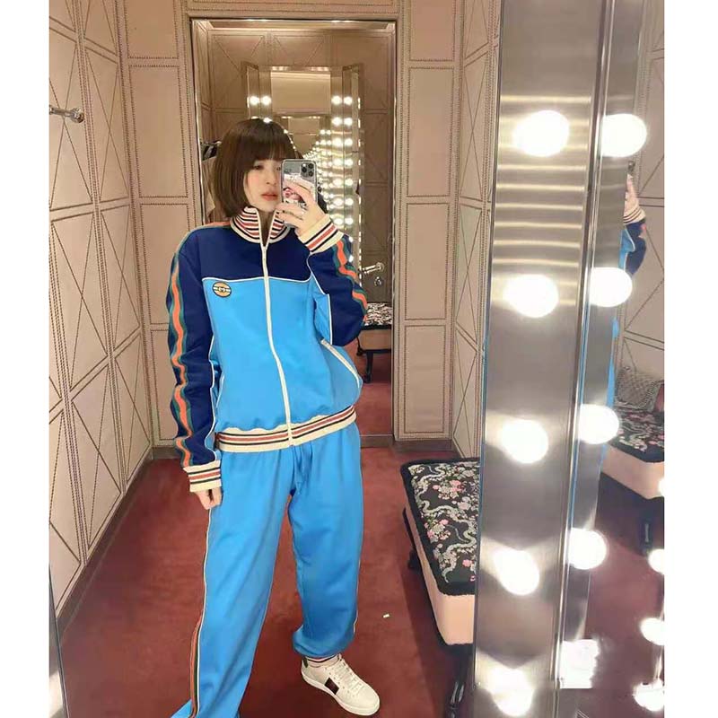 G*u*i women technical jersey zip-up jacket with web interlocking g-blue