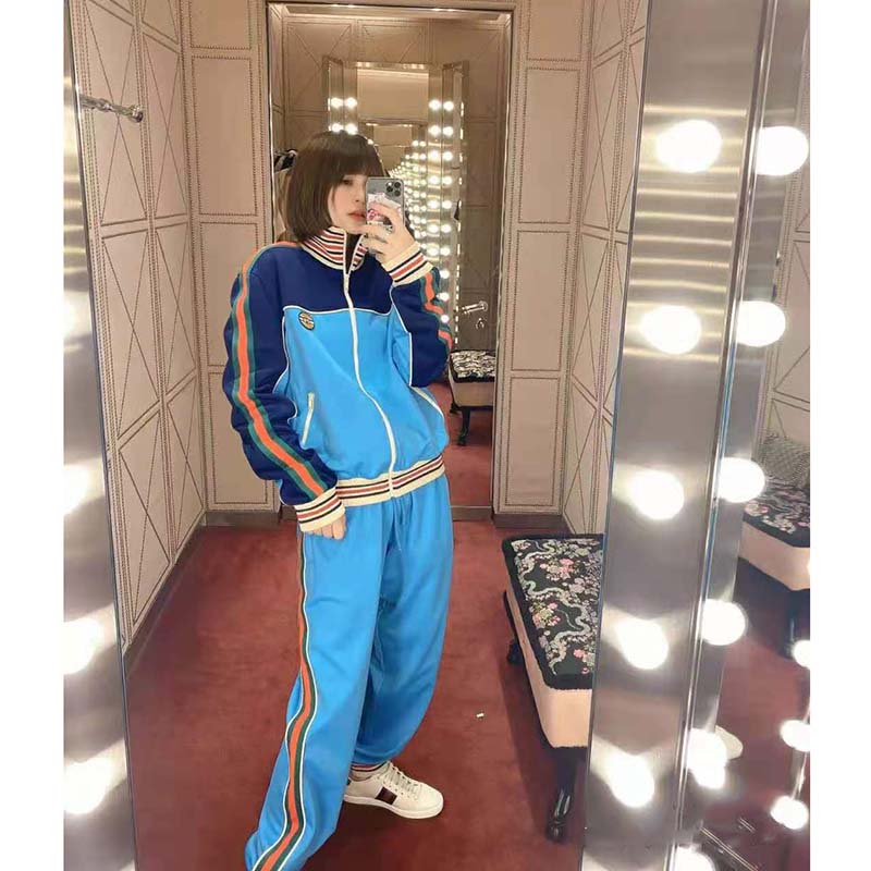 G*u*i women technical jersey zip-up jacket with web interlocking g-blue