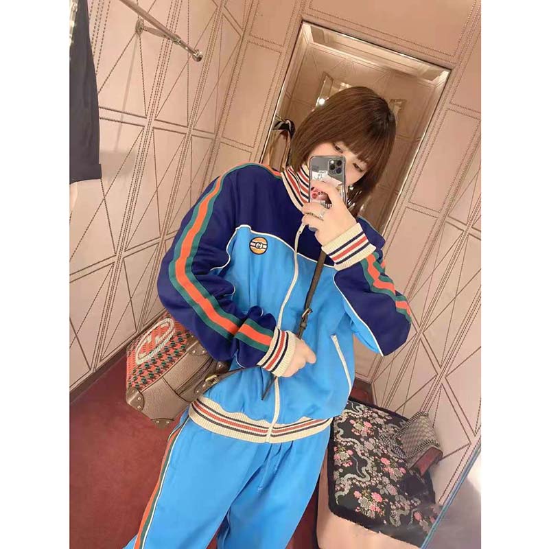 G*u*i women technical jersey zip-up jacket with web interlocking g-blue