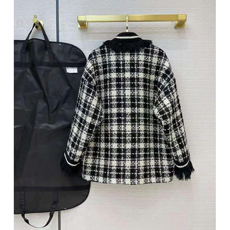 G*u*i women tweed jacket ivory and black check tweed black ribbon wool