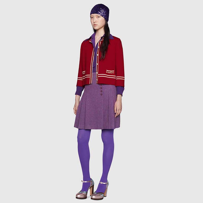 G*u*i women wool jacket with contrast trim besom pockets crew neck-red