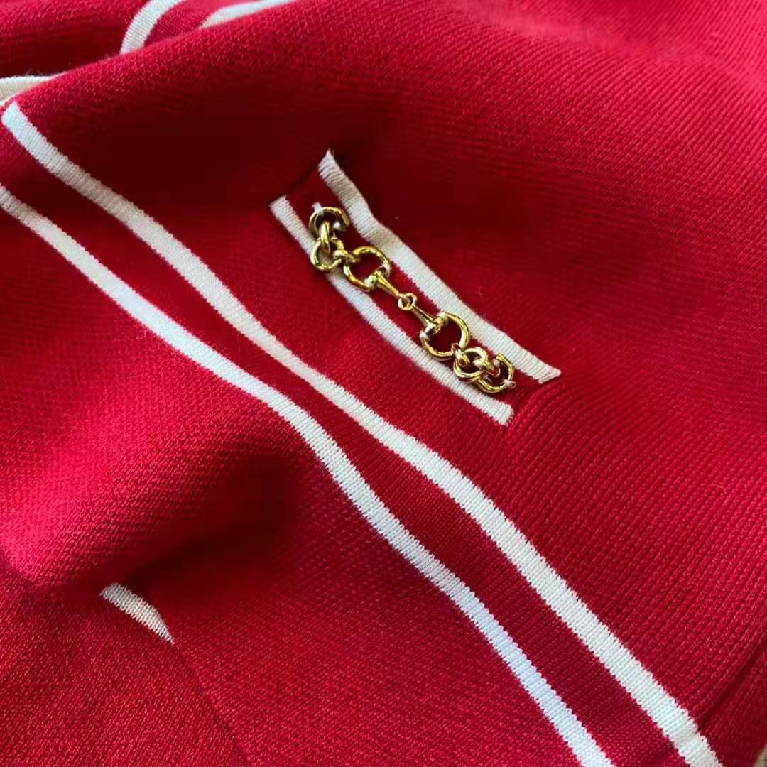G*u*i women wool jacket with contrast trim besom pockets crew neck-red