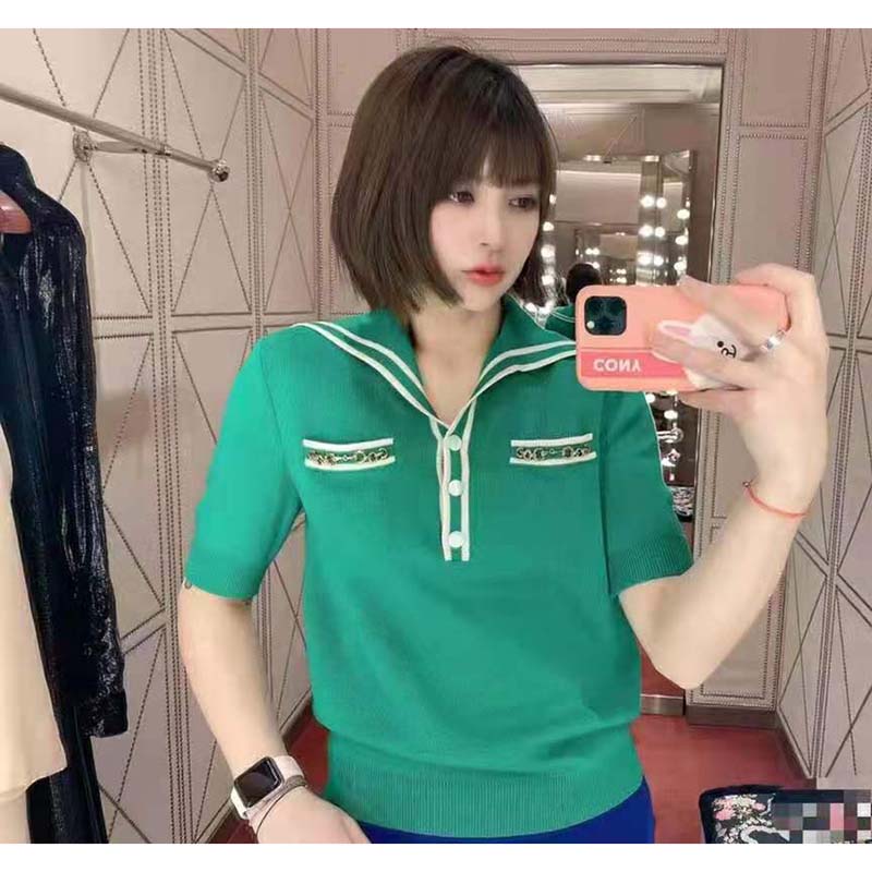 G*u*i women wool polo shirt with contrast trim front pockets button-through placket