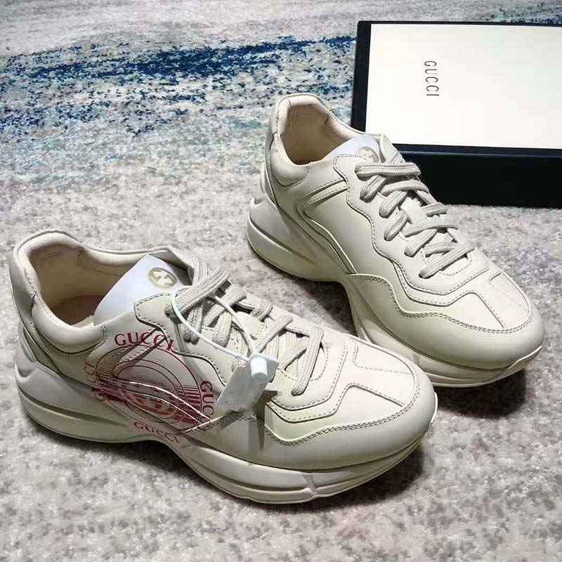 G*u*i gg men’s rhyton print leather sneaker ivory leather red disk print