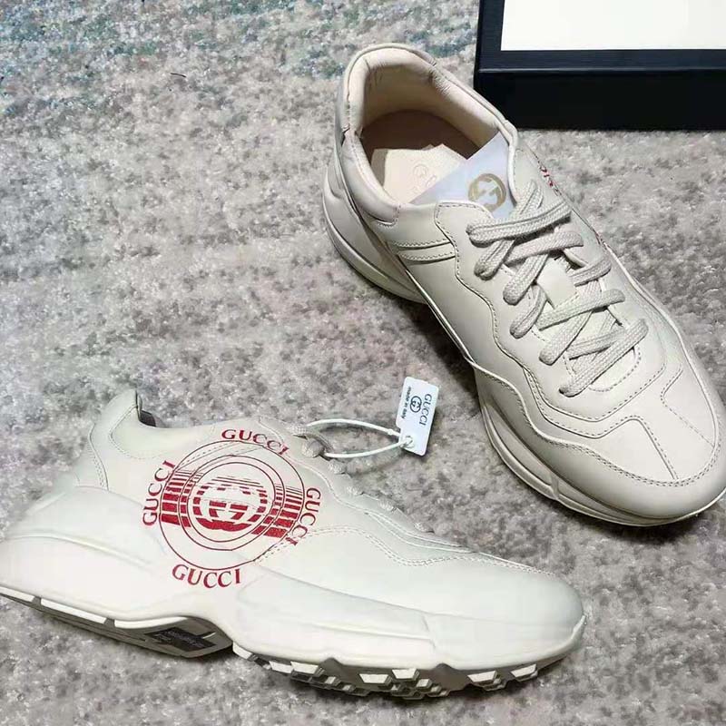 G*u*i gg men’s rhyton print leather sneaker ivory leather red disk print