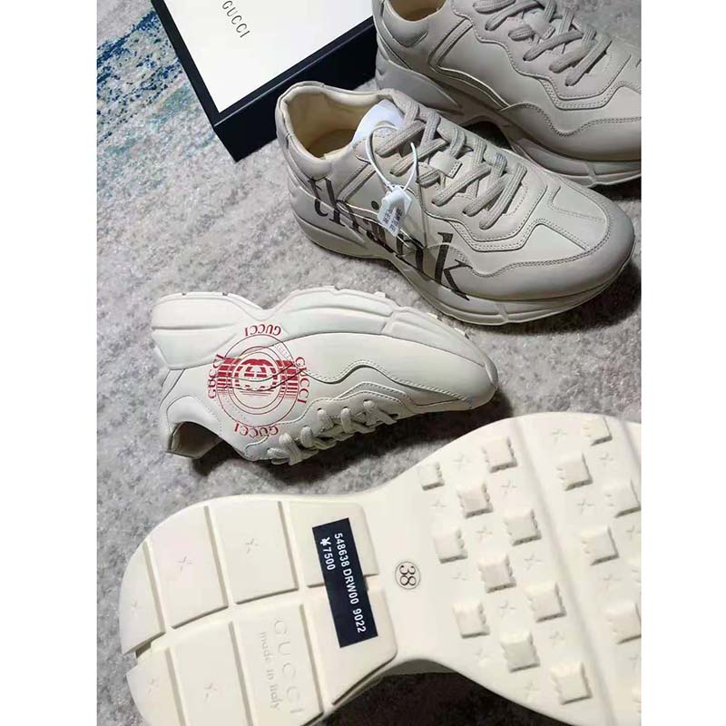 G*u*i gg men’s rhyton print leather sneaker ivory leather red disk print