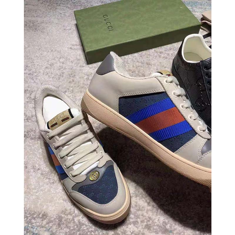 G*u*i gg men’s screener gg sneaker white leather blue mini gg fabric