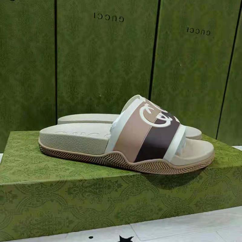 G*u*i gg unisex interlocking g slide sandal beige ebony interlocking g striped rubber