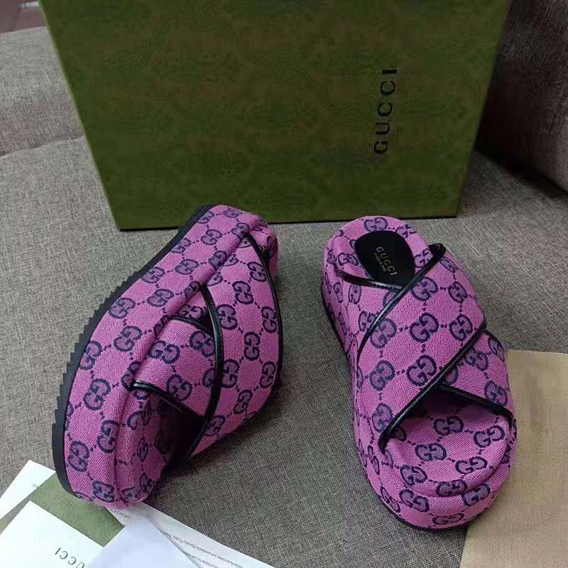 G*u*i gg women gg multicolor platform sandal pink and blue gg canvas