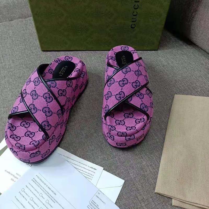 G*u*i gg women gg multicolor platform sandal pink and blue gg canvas