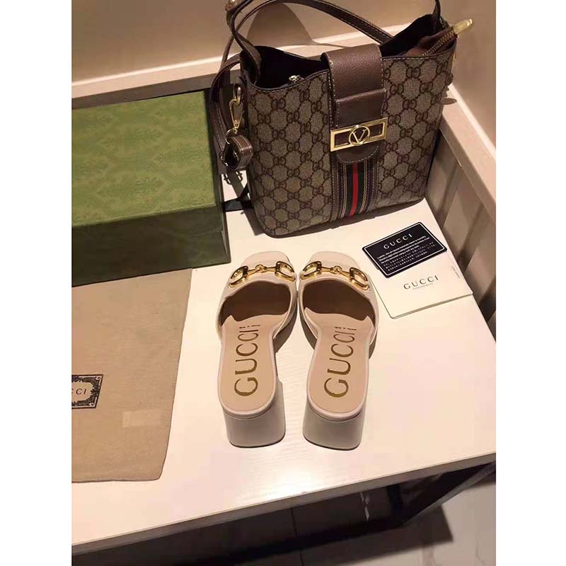 G*u*i gg women slide sandal with horsebit white leather 8 cm heel