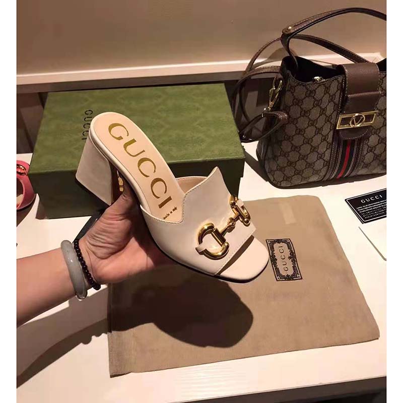 G*u*i gg women slide sandal with horsebit white leather 8 cm heel