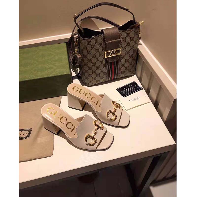 G*u*i gg women slide sandal with horsebit white leather 8 cm heel