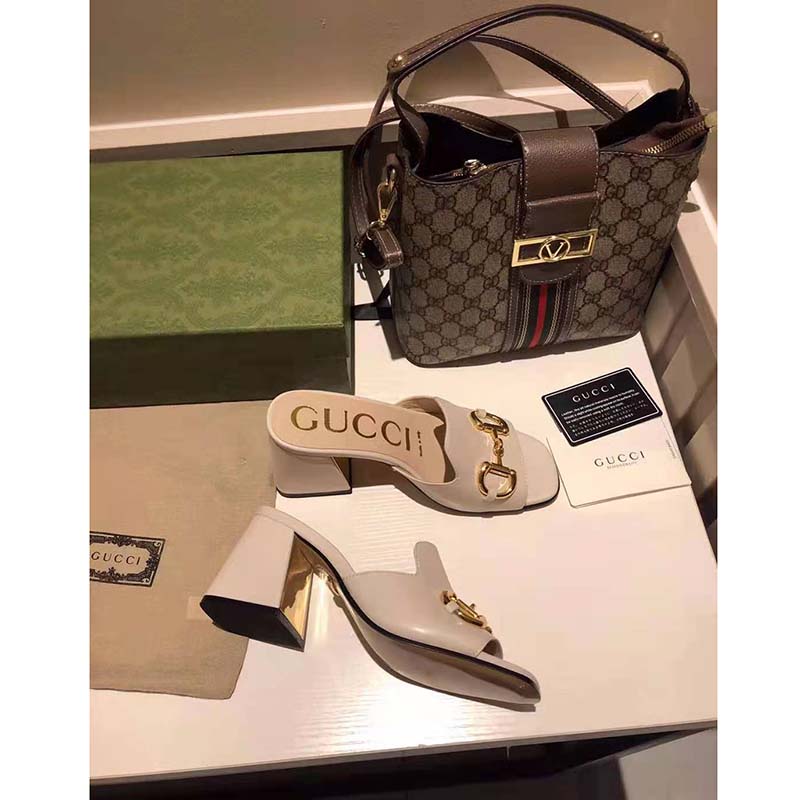 G*u*i gg women slide sandal with horsebit white leather 8 cm heel