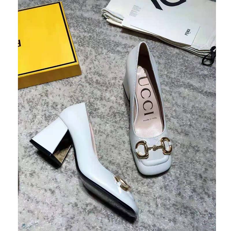 G*u*i gg women’s mid-heel pump with horsebit white leather 8 cm heel