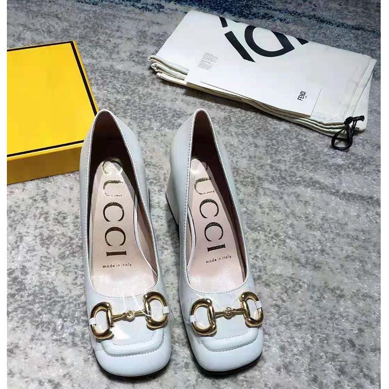 G*u*i gg women’s mid-heel pump with horsebit white leather 8 cm heel