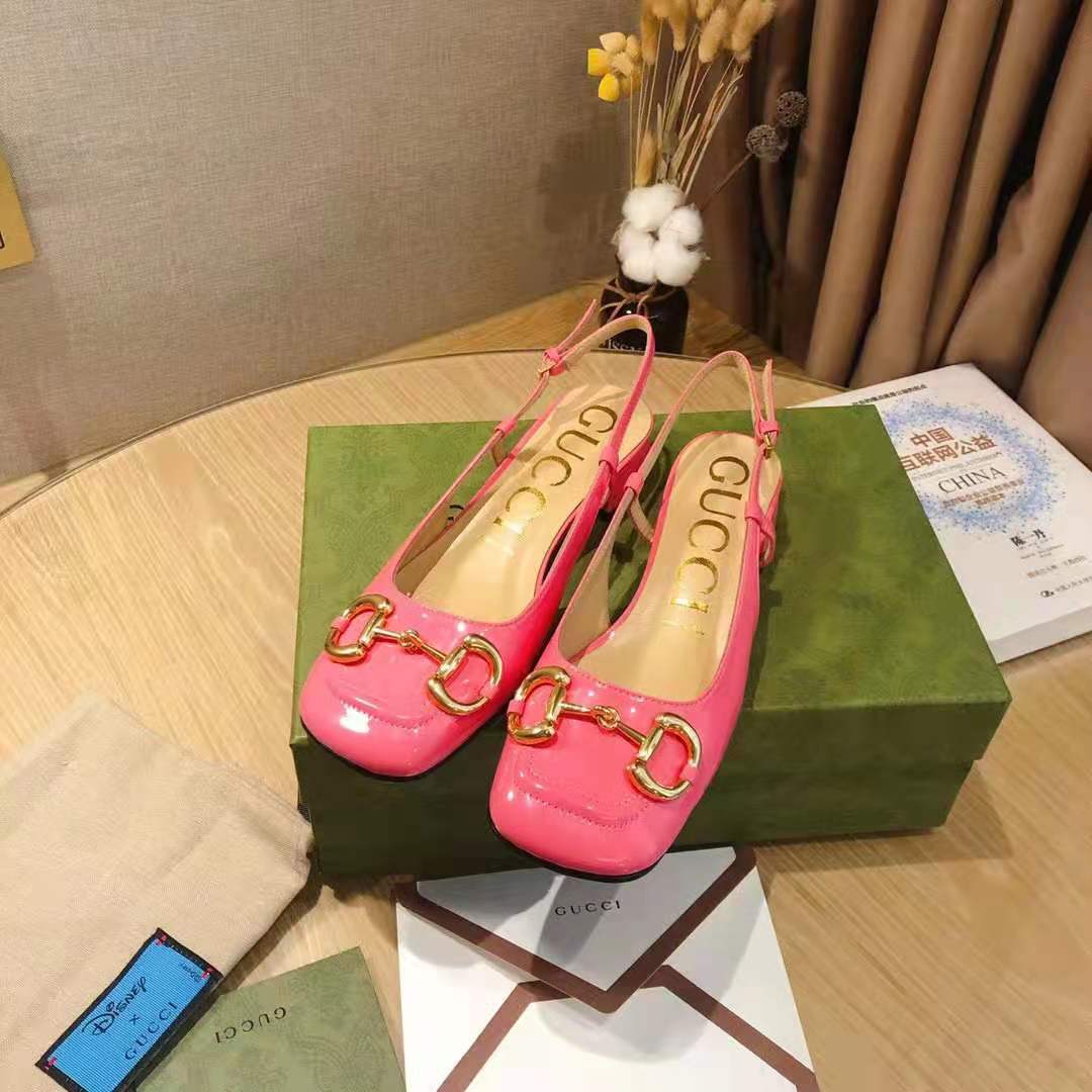 G*u*i gg women’s mid-heel slingback with horsebit pink leather 6 cm heel