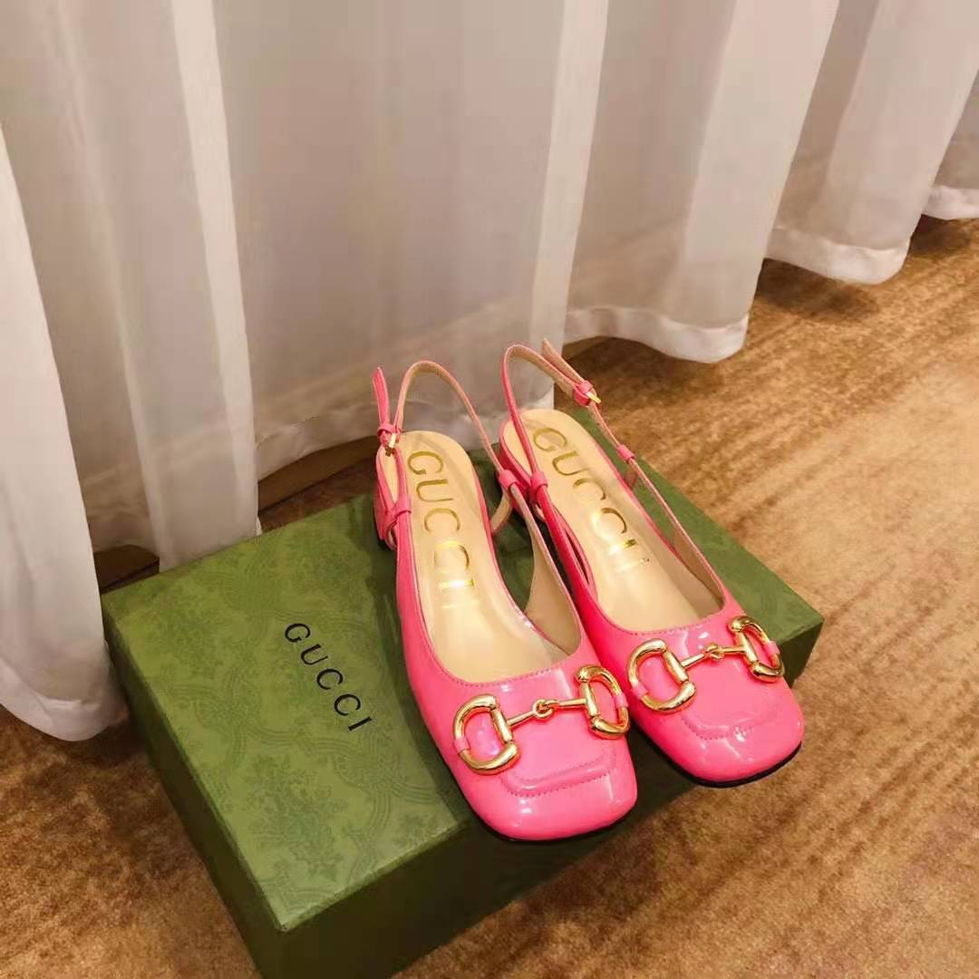 G*u*i gg women’s mid-heel slingback with horsebit pink leather 6 cm heel
