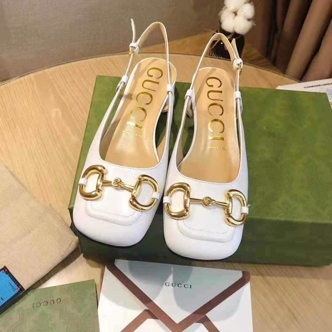 G*u*i gg women’s mid-heel slingback with horsebit white leather 6 cm heel