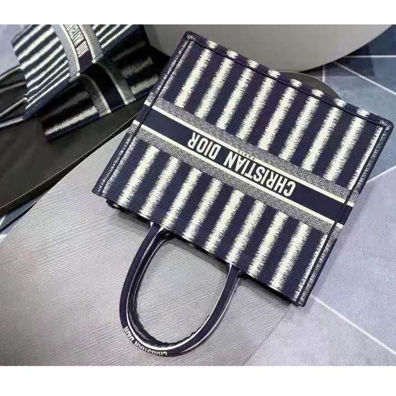 Dior Women Book Tote Blue D-Stripes ‘Christian Dior’ Embroidery