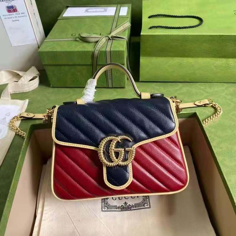 G*u*i gg women gg marmont mini top handle bag blue red diagonal matelassé leather