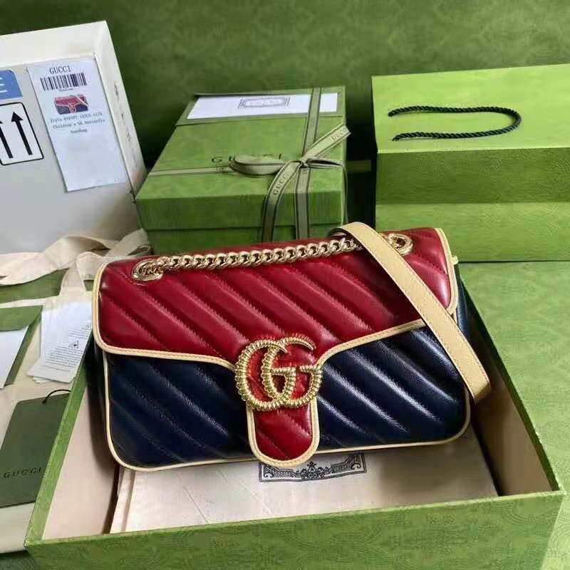G*u*i gg women gg marmont small shoulder bag blue red diagonal matelassé leather