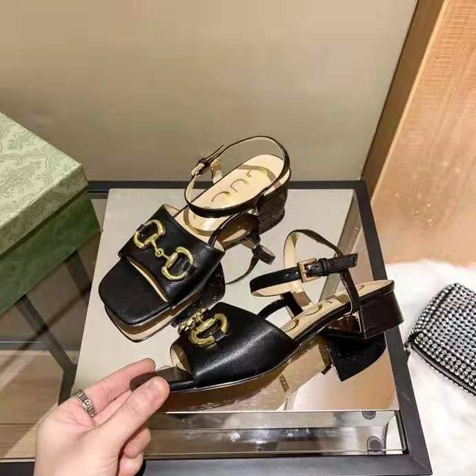 G*u*i gg women’s sandal with horsebit black leather ankle buckle closure