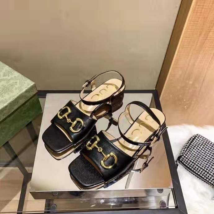 G*u*i gg women’s sandal with horsebit black leather ankle buckle closure