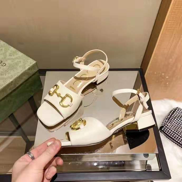G*u*i gg women’s sandal with horsebit white leather ankle buckle closure