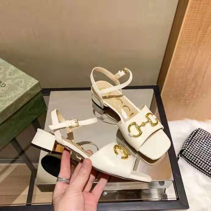 G*u*i gg women’s sandal with horsebit white leather ankle buckle closure