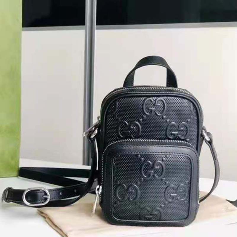 G*u*i gg unisex embossed mini bag black leather cotton linen