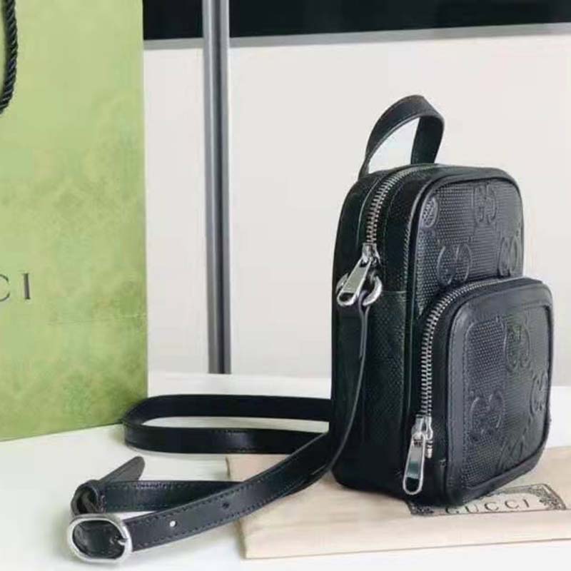 G*u*i gg unisex embossed mini bag black leather cotton linen