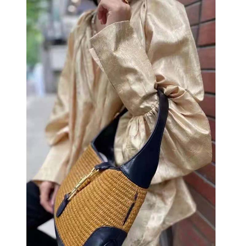 G*u*i gg women jackie 1961 small shoulder bag camel straw effect fabric blue leather