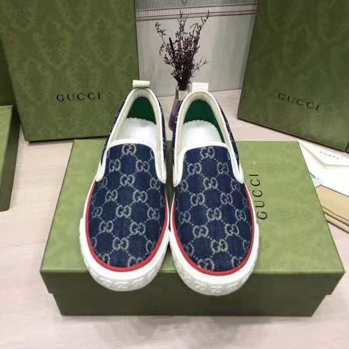 G*u*i unisex G*u*i tennis 1977 slip-on sneaker eco washed organic gg jacquard denim
