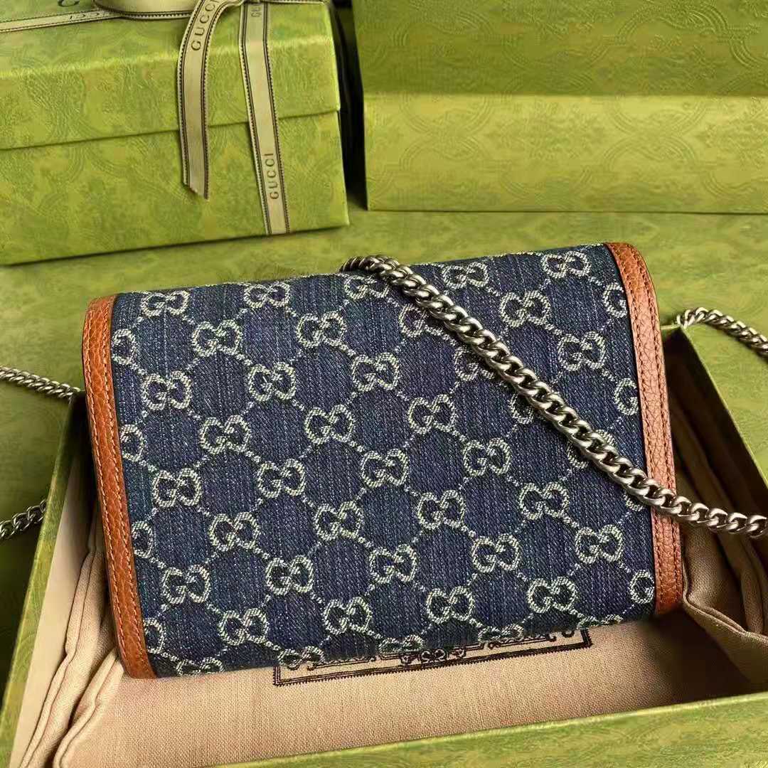 G*u*i gg unisex dionysus mini chain bag dark blue ivory eco washed organic gg jacquard denim