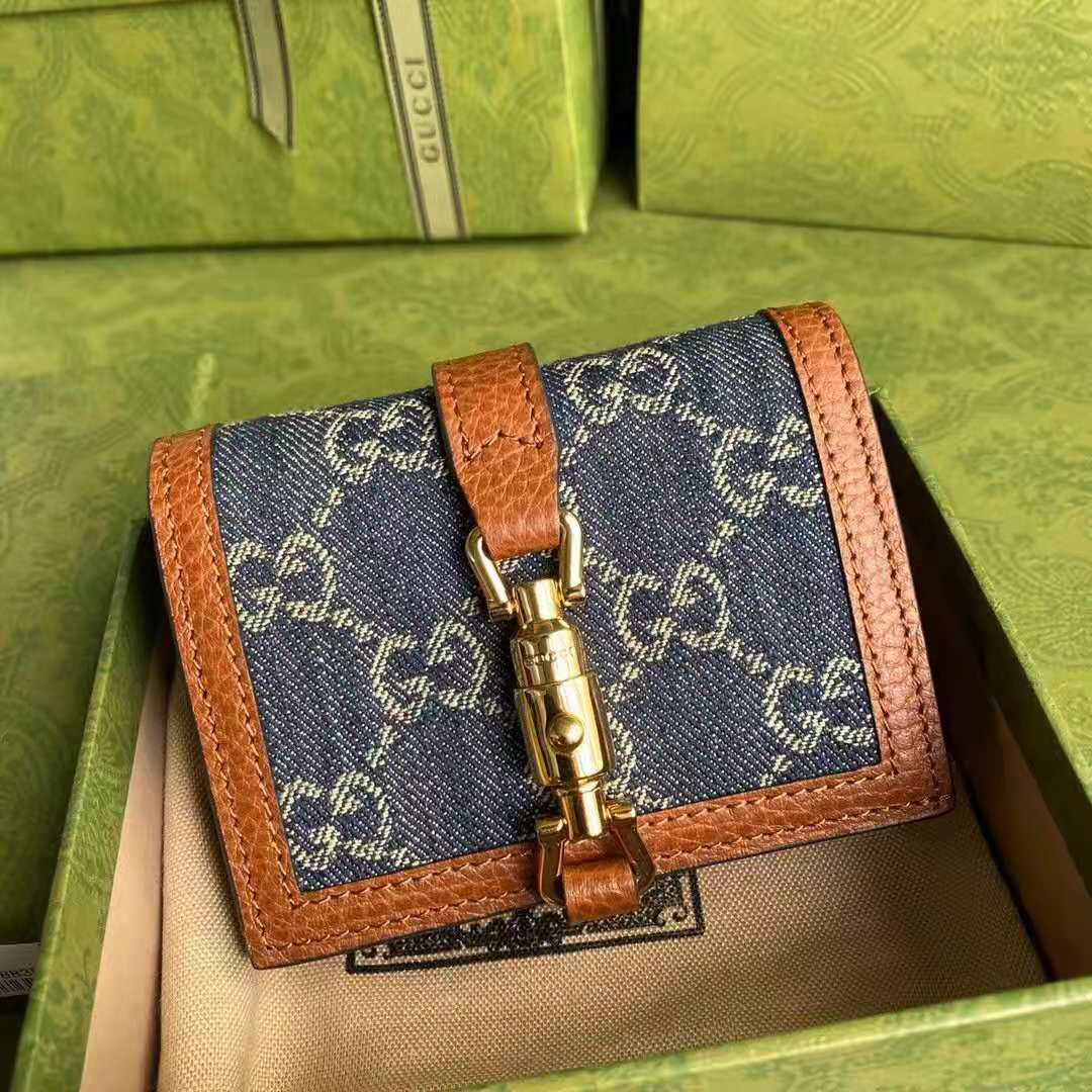 G*u*i gg unisex jackie 1961 card case wallet dark blue ivory eco washed organic gg jacquard denim