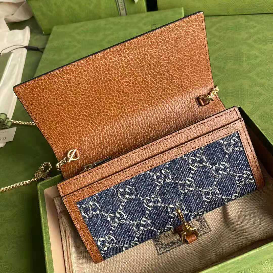 G*u*i gg unisex jackie 1961 chain wallet dark blue ivory eco washed organic gg jacquard denim