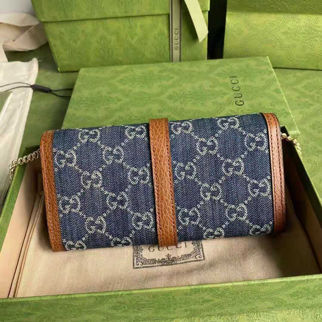 G*u*i gg unisex jackie 1961 chain wallet dark blue ivory eco washed organic gg jacquard denim