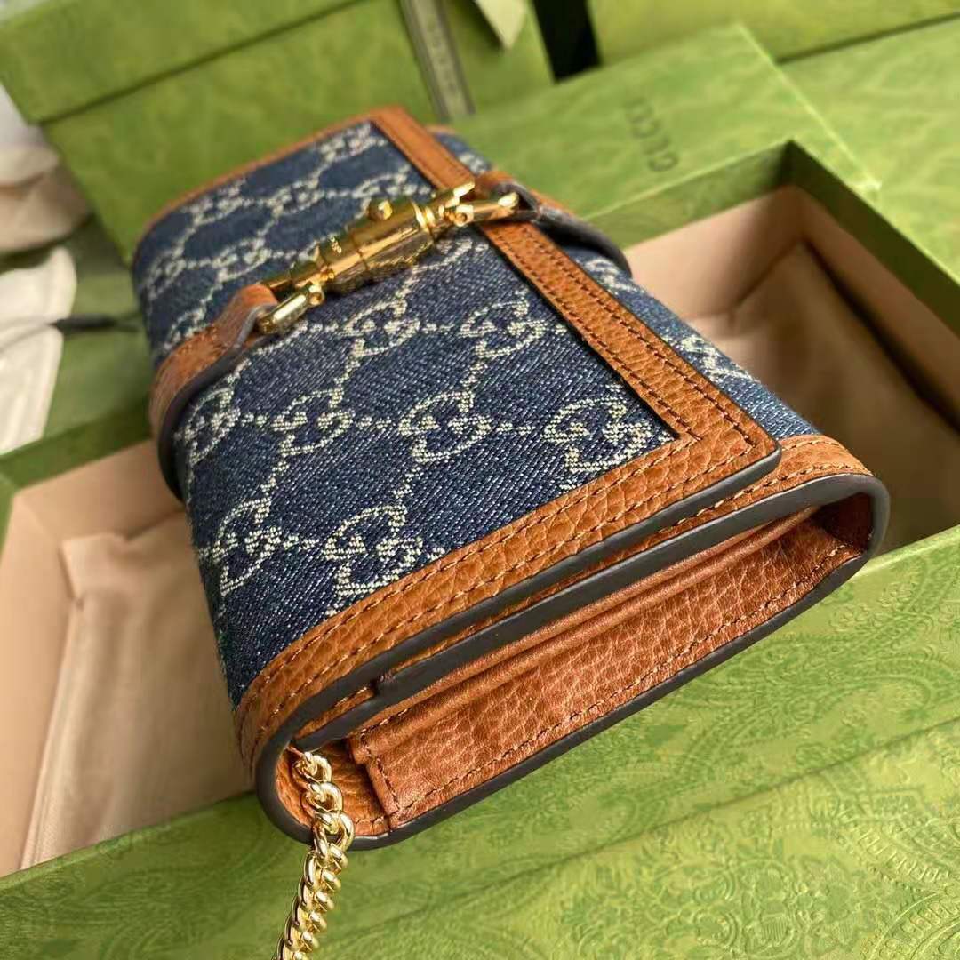 G*u*i gg unisex jackie 1961 chain wallet dark blue ivory eco washed organic gg jacquard denim