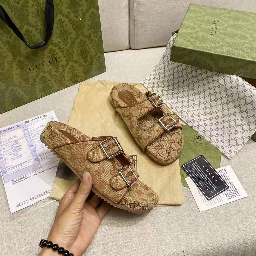 G*u*i gg unisex slide sandal with straps beige and ebony original gg canvas