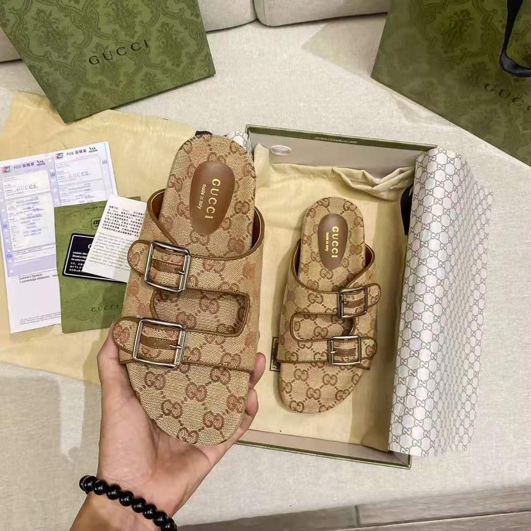 G*u*i gg unisex slide sandal with straps beige and ebony original gg canvas