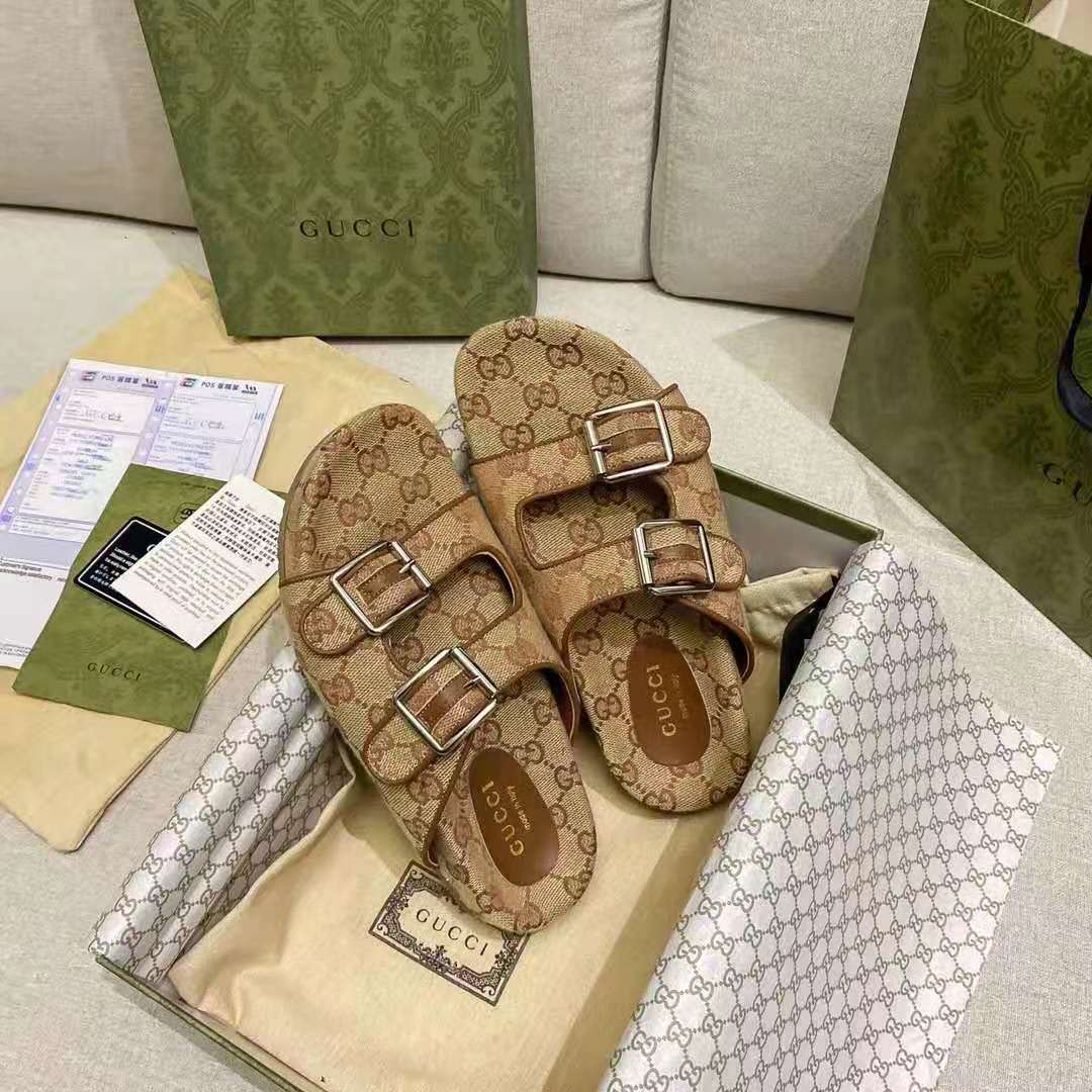 G*u*i gg unisex slide sandal with straps beige and ebony original gg canvas