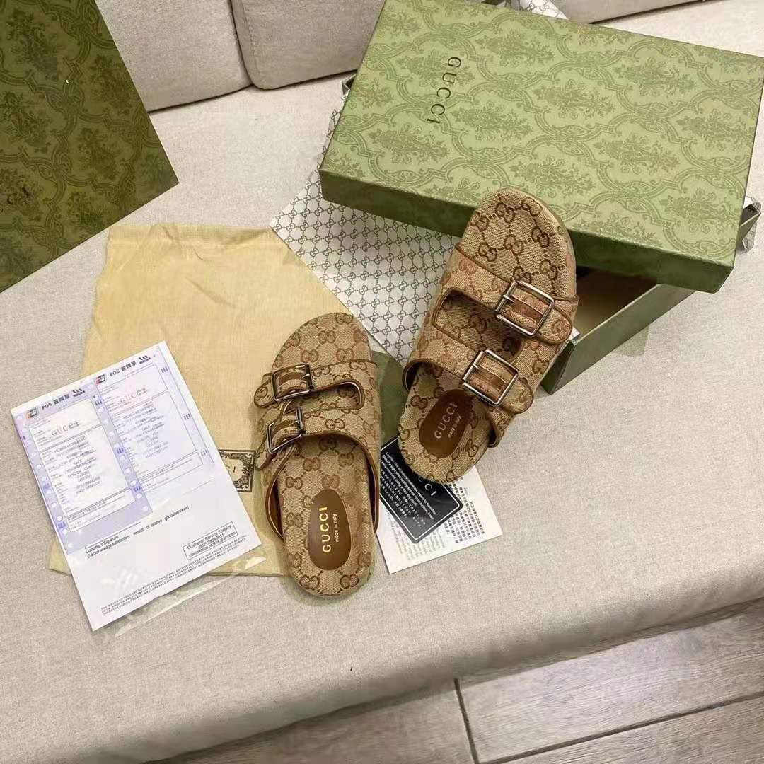 G*u*i gg unisex slide sandal with straps beige and ebony original gg canvas