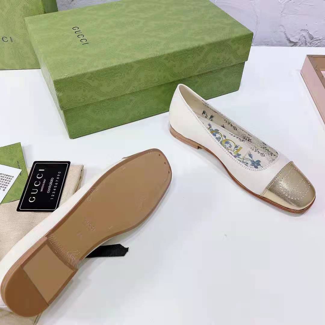 G*u*i gg women ballet flat with interlocking g white leather with rose gold metallic tip
