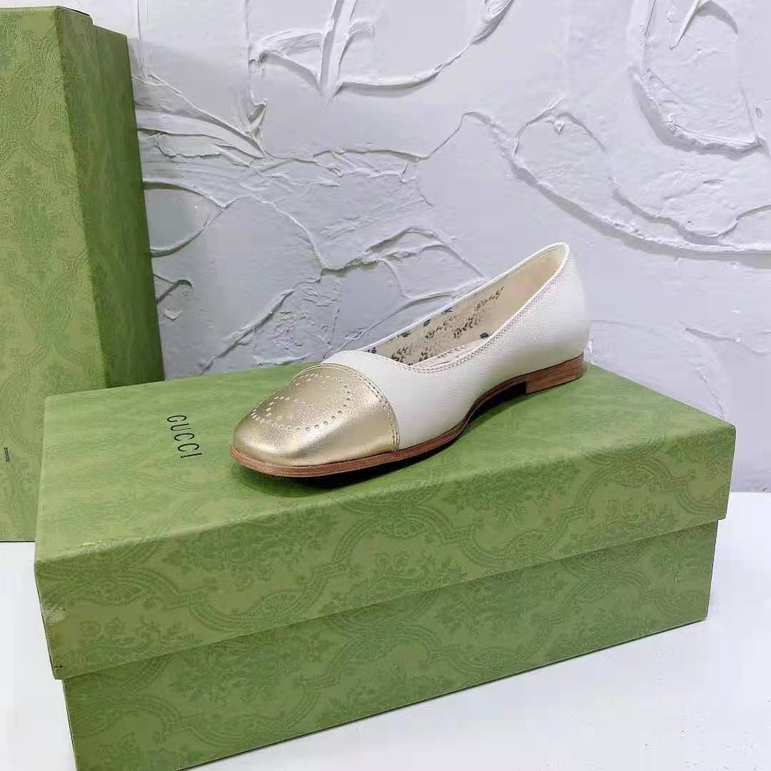 G*u*i gg women ballet flat with interlocking g white leather with rose gold metallic tip