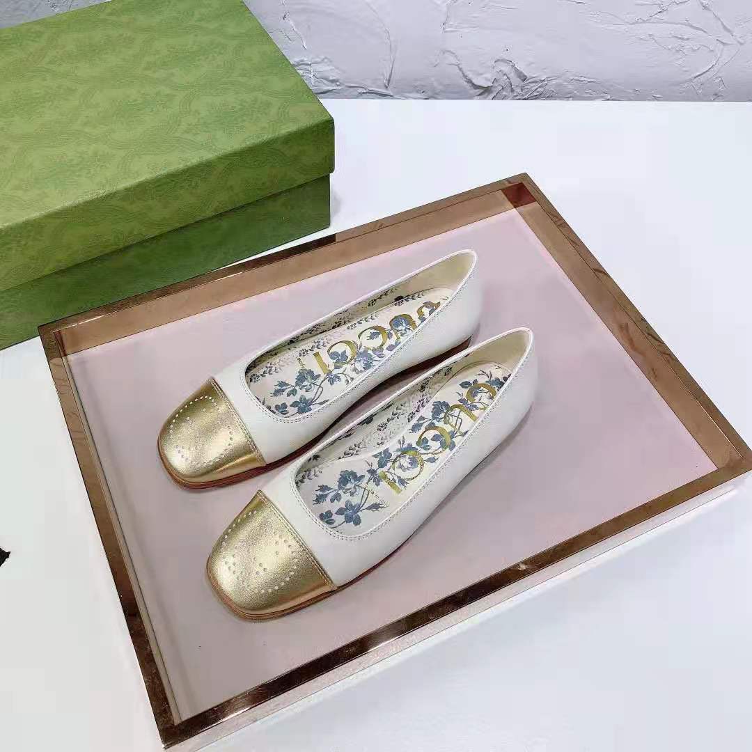 G*u*i gg women ballet flat with interlocking g white leather with rose gold metallic tip