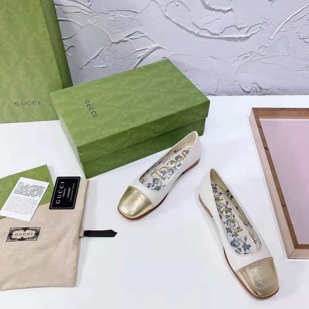 G*u*i gg women ballet flat with interlocking g white leather with rose gold metallic tip